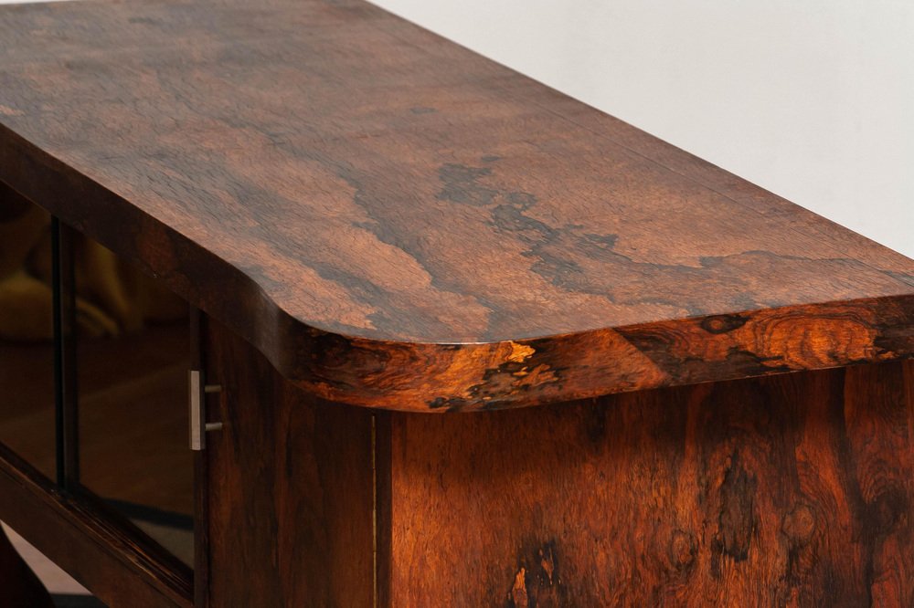 Dutch Sideboard with Glass Sliding and Wooden Folding Doors in Burl Walnut, 1920s