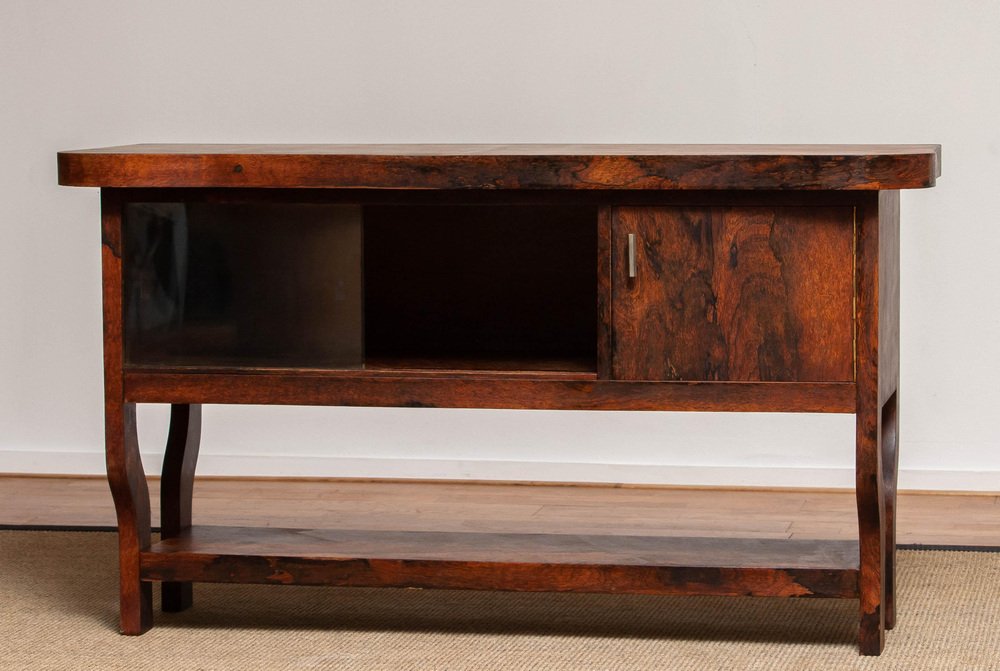 Dutch Sideboard with Glass Sliding and Wooden Folding Doors in Burl Walnut, 1920s