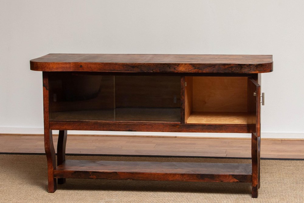 Dutch Sideboard with Glass Sliding and Wooden Folding Doors in Burl Walnut, 1920s