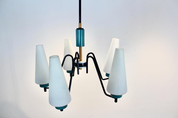 Dutch Steel, Wood & Opaline Glass Pendant-MO-1158532