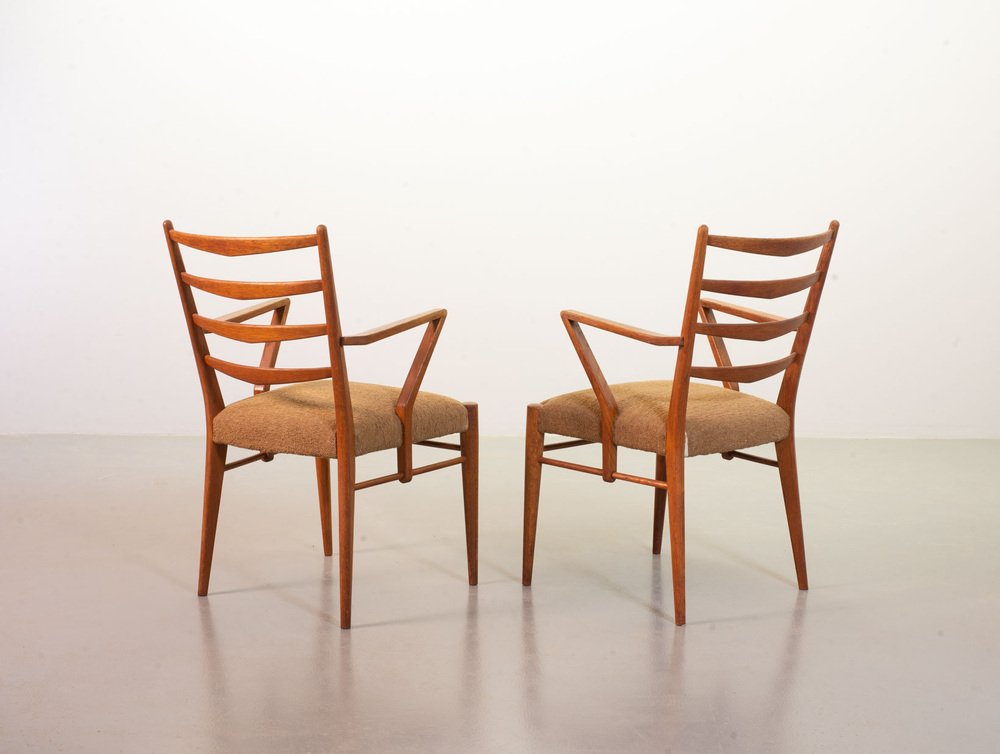 Dutch Wooden Ladder Armchairs with Bouclé Fabric by Cees Braakman, Netherlands, 1950s, Set of 2