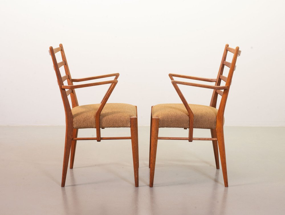 Dutch Wooden Ladder Armchairs with Bouclé Fabric by Cees Braakman, Netherlands, 1950s, Set of 2