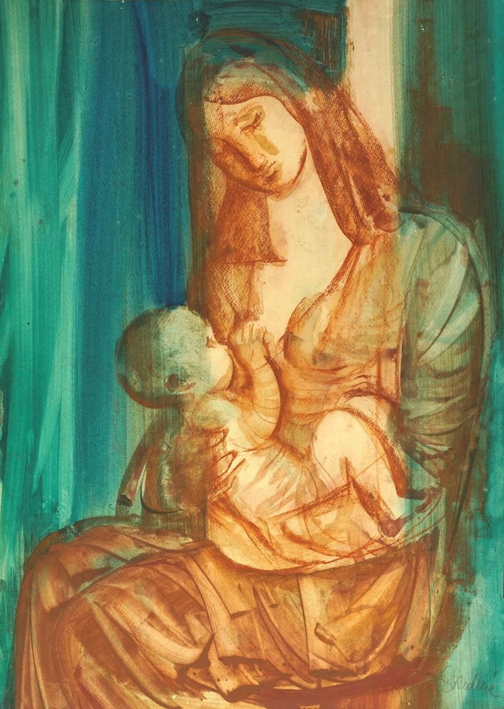 Dzemma Lia Skulme, Madonna with Baby, Watercolor on Paper, 1980s