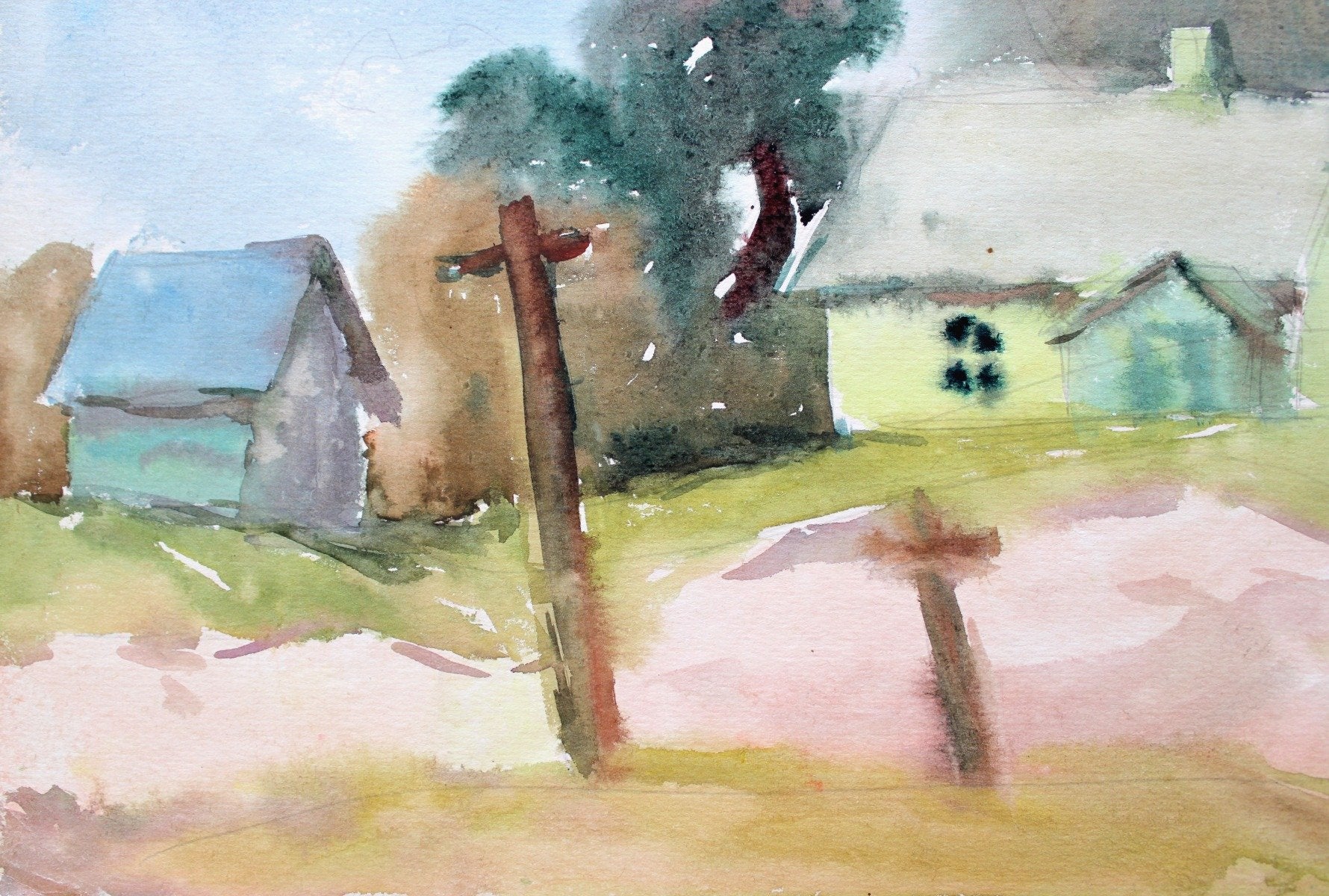 Dzidra Ezergaile, Rural Landscape, Watercolor, 1970s