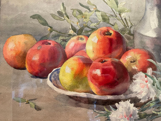 E. Cablet Rinn, Still Life with Apples and Carnations, Oil on Board