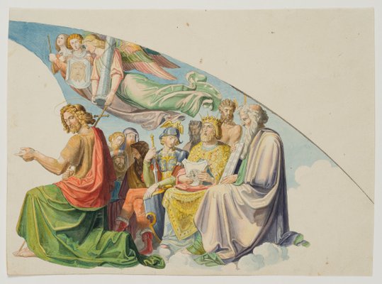 E. Daege, Fresco Design With Christ, Moses and the Veronica's Sweat Shroud, 19th-Century, Watercolor-OJR-1273491