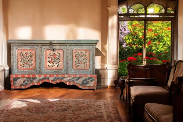 Early 19th Century Light Blue Floral Painted Blanket Chest-BGS-2035716