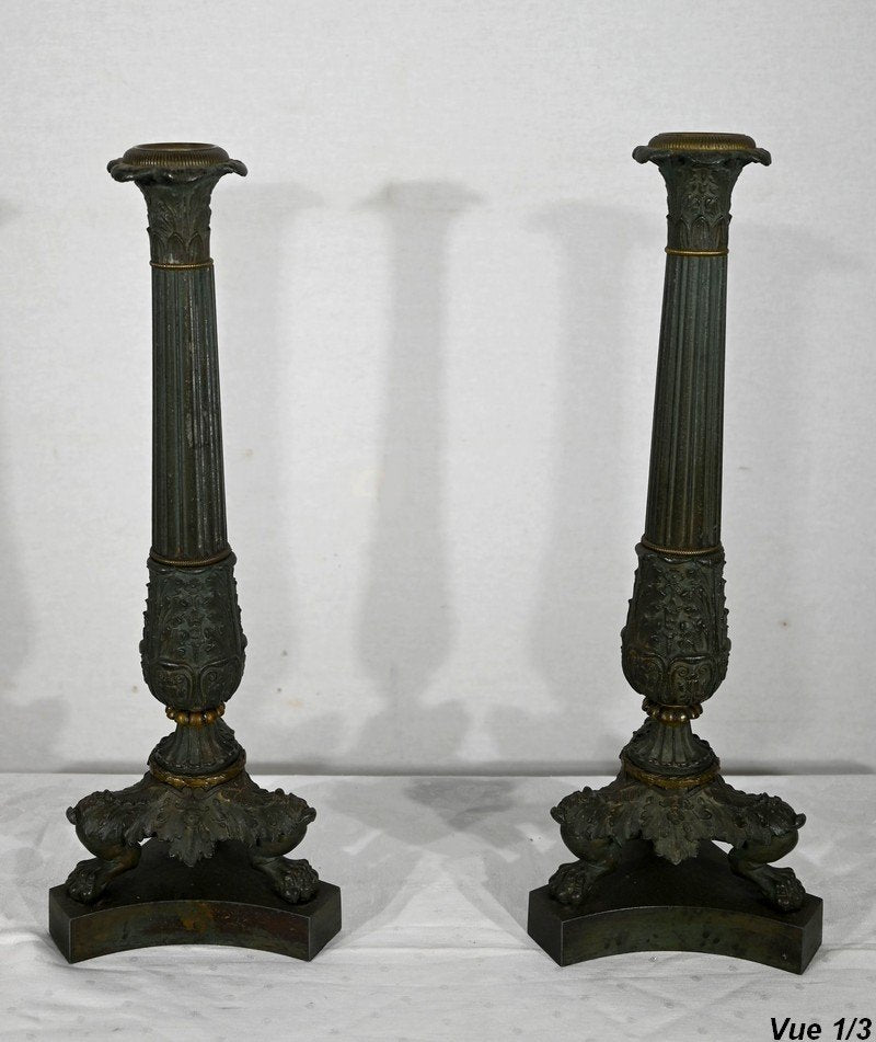 Early 19th Century Restoration Period Bronze Candlesticks, Set of 2