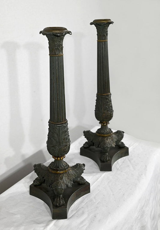 Early 19th Century Restoration Period Bronze Candlesticks, Set of 2