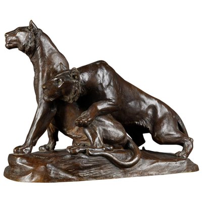 Early 20th Century Bronze Plastic Tiger Couple on Rocks attributed to G. Gardet, 1863-FLW-1402279