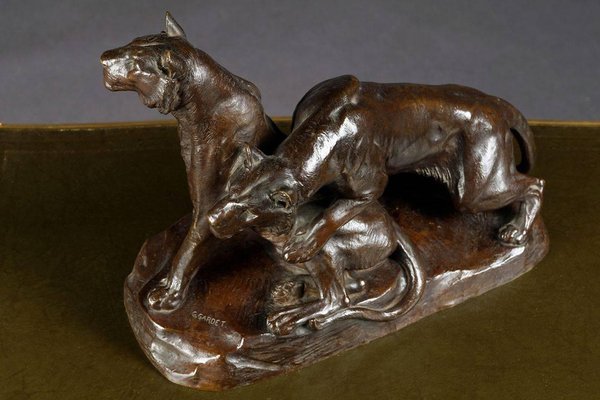 Early 20th Century Bronze Plastic Tiger Couple on Rocks attributed to G. Gardet, 1863-FLW-1402279