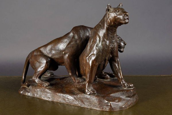 Early 20th Century Bronze Plastic Tiger Couple on Rocks attributed to G. Gardet, 1863-FLW-1402279