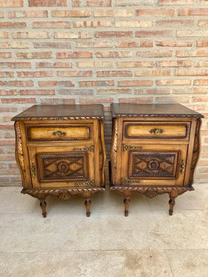 Early 20th Century Carved Oak Nightstands, 1940s, Set of 2-NOU-996923