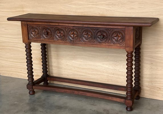 Early 20th Century Catalan Spanish Carved Walnut Console Table with Two Drawers, 1890-PSK-2020303