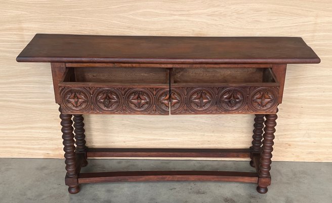 Early 20th Century Catalan Spanish Carved Walnut Console Table with Two Drawers, 1890-PSK-2020303