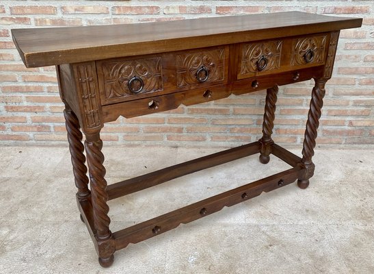 Early 20th Century Catalan Spanish Carved Walnut Console Table with Two Drawers, 1900s-NOU-1746391