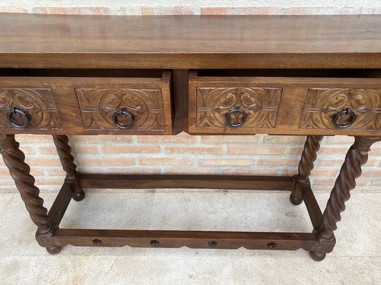 Early 20th Century Catalan Spanish Carved Walnut Console Table with Two Drawers, 1900s-NOU-1746391