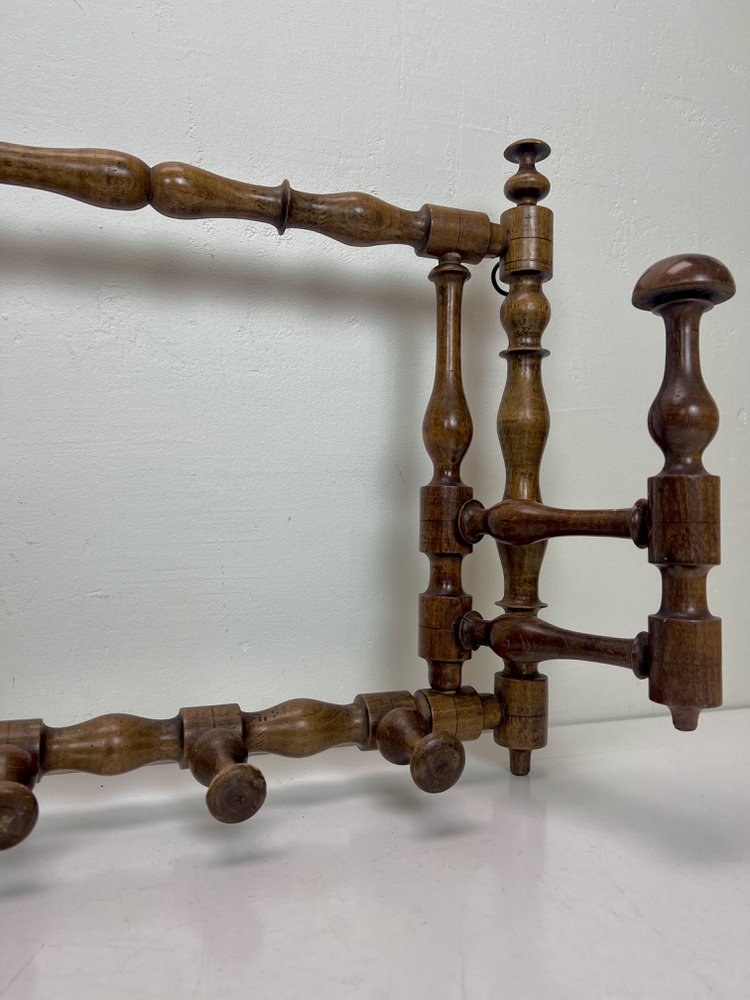 Early 20th Century Edwardian Foldable Turned Wood Wall Coat and Hat Rack, 1890s