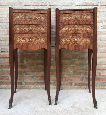 Early 20th Century French Bedside Tables in Marquetry & Bronze with Iron Details, Set of 2-NOU-1363495