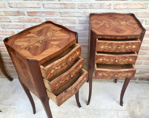 Early 20th Century French Bedside Tables in Marquetry & Bronze with Iron Details, Set of 2-NOU-1363495