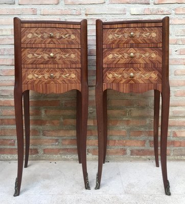 Early 20th Century French Bedside Tables in Marquetry & Bronze with Iron Details, Set of 2-NOU-1363495