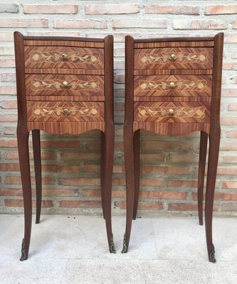 Early 20th Century French Bedside Tables in Marquetry & Bronze with Iron Details, Set of 2-NOU-1363495