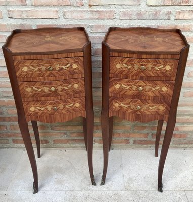 Early 20th Century French Bedside Tables in Marquetry & Bronze with Iron Details, Set of 2-NOU-1363495