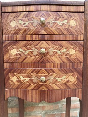 Early 20th Century French Bedside Tables in Marquetry & Bronze with Iron Details, Set of 2-NOU-1363495