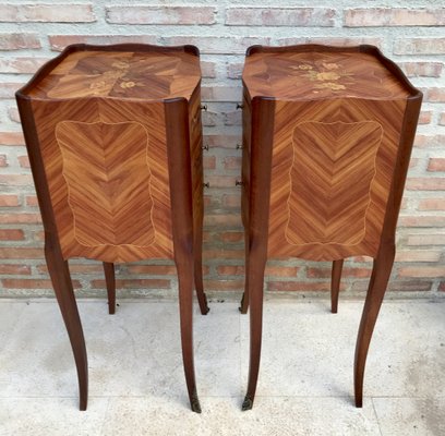 Early 20th Century French Bedside Tables in Marquetry & Bronze with Iron Details, Set of 2-NOU-1363495