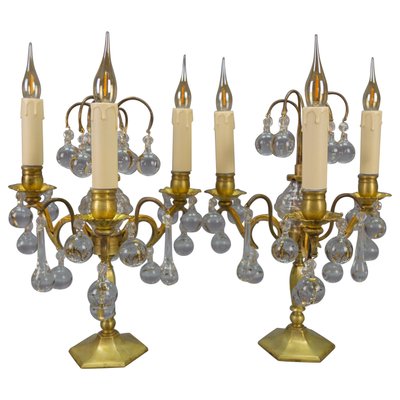 Early 20th Century French Brass and Crystal Girandoles Table Lamps, Set of 2-KEG-1759942