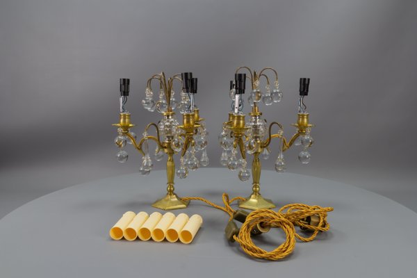 Early 20th Century French Brass and Crystal Girandoles Table Lamps, Set of 2-KEG-1759942