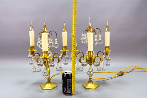 Early 20th Century French Brass and Crystal Girandoles Table Lamps, Set of 2-KEG-1759942