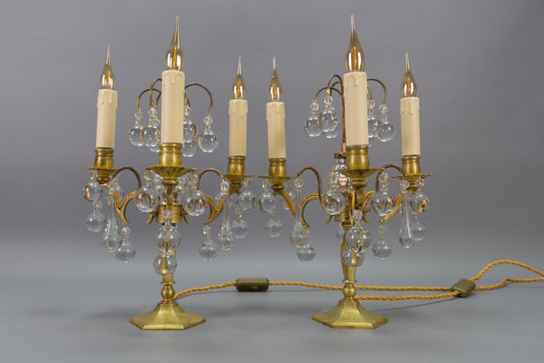 Early 20th Century French Brass and Crystal Girandoles Table Lamps, Set of 2-KEG-1759942