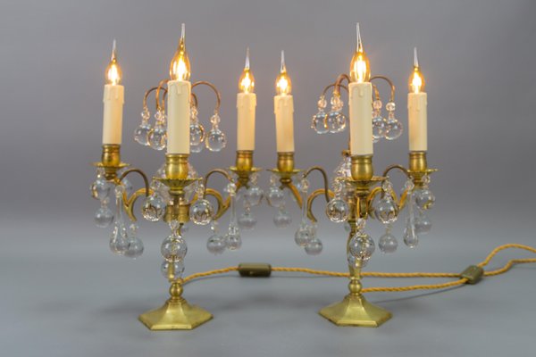 Early 20th Century French Brass and Crystal Girandoles Table Lamps, Set of 2-KEG-1759942