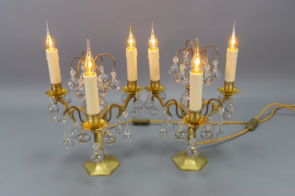 Early 20th Century French Brass and Crystal Girandoles Table Lamps, Set of 2-KEG-1759942