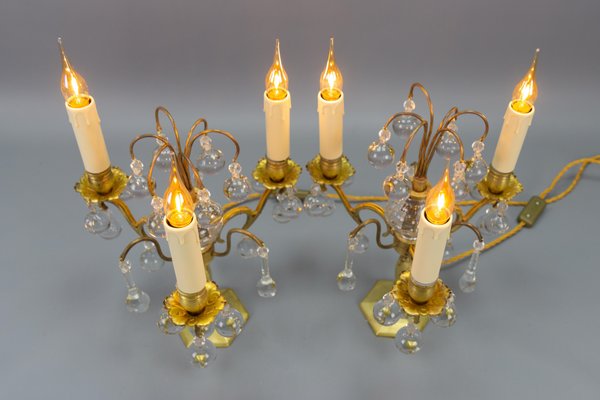 Early 20th Century French Brass and Crystal Girandoles Table Lamps, Set of 2-KEG-1759942