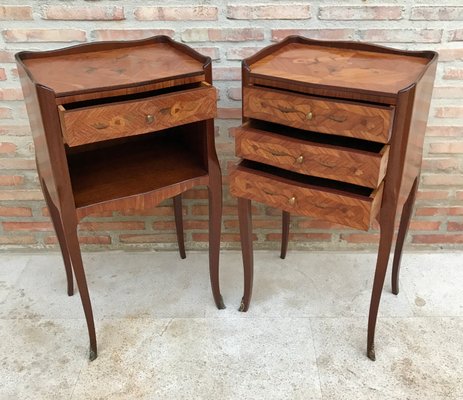 Early 20th Century French Marquetry and Iron Hardware Bedside Tables or Nightstands, Set of 2-NOU-1354636