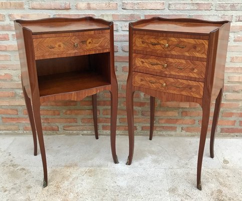 Early 20th Century French Marquetry and Iron Hardware Bedside Tables or Nightstands, Set of 2-NOU-1354636