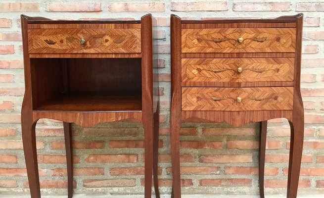 Early 20th Century French Marquetry and Iron Hardware Bedside Tables or Nightstands, Set of 2-NOU-1354636