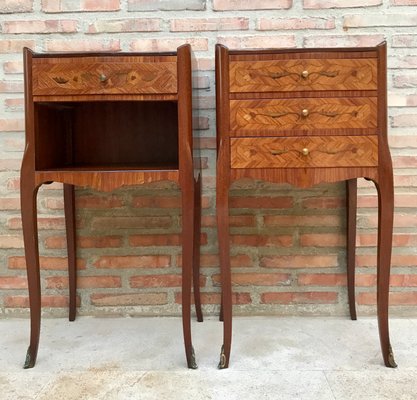 Early 20th Century French Marquetry and Iron Hardware Bedside Tables or Nightstands, Set of 2-NOU-1354636