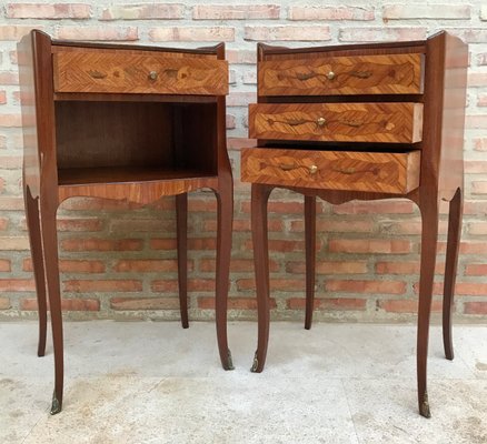 Early 20th Century French Marquetry and Iron Hardware Bedside Tables or Nightstands, Set of 2-NOU-1354636