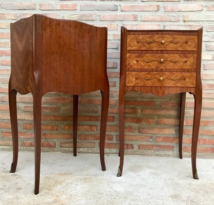 Early 20th Century French Marquetry and Iron Hardware Bedside Tables or Nightstands, Set of 2-NOU-1354636