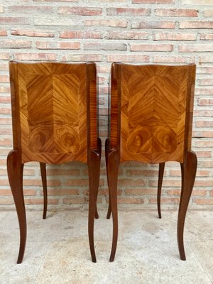 Early 20th Century French Marquetry and Iron Hardware Bedside Tables or Nightstands with Drawers and Open Shelf, Set of 2-NOU-1155133