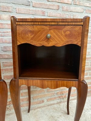 Early 20th Century French Marquetry and Iron Hardware Bedside Tables or Nightstands with Drawers and Open Shelf, Set of 2-NOU-1155133