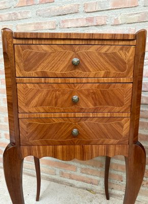 Early 20th Century French Marquetry and Iron Hardware Bedside Tables or Nightstands with Drawers and Open Shelf, Set of 2-NOU-1155133