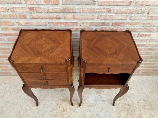 Early 20th Century French Marquetry and Iron Hardware Bedside Tables or Nightstands with Drawers and Open Shelf, Set of 2-NOU-1155133