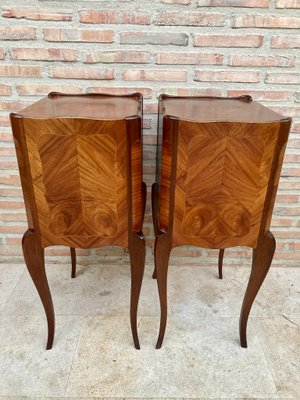 Early 20th Century French Marquetry and Iron Hardware Bedside Tables or Nightstands with Drawers and Open Shelf, Set of 2-NOU-1155133