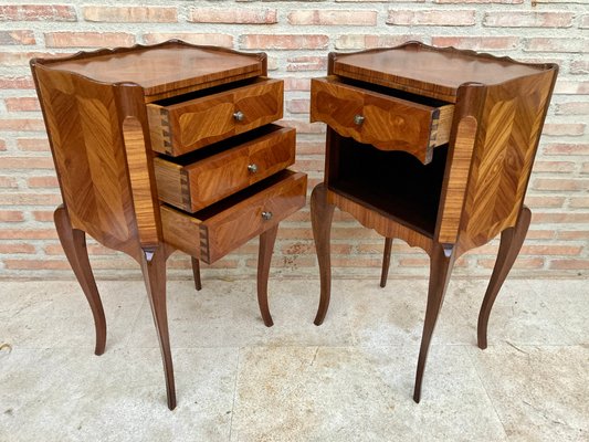 Early 20th Century French Marquetry and Iron Hardware Bedside Tables or Nightstands with Drawers and Open Shelf, Set of 2-NOU-1155133