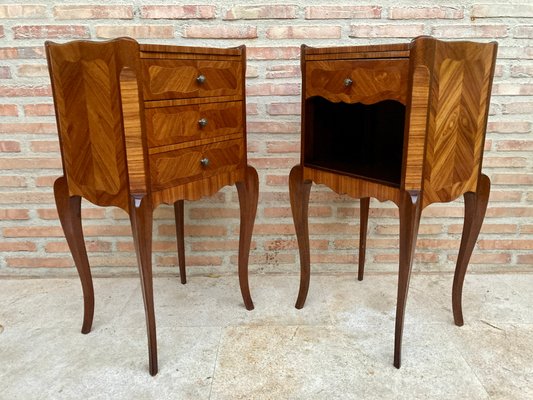 Early 20th Century French Marquetry and Iron Hardware Bedside Tables or Nightstands with Drawers and Open Shelf, Set of 2-NOU-1155133