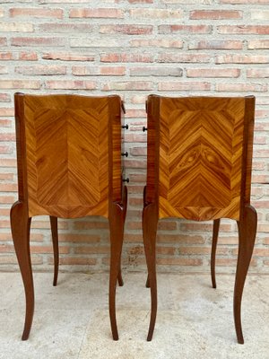 Early 20th Century French Marquetry and Iron Hardware Bedside Tables or Nightstands with Drawers and Open Shelf, Set of 2-NOU-1155133